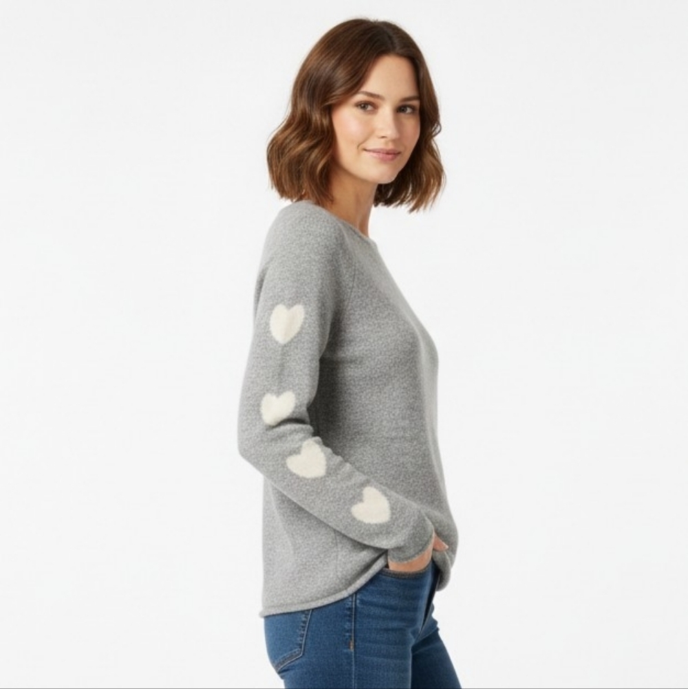 Future Paradise 100% Cashmere Gray & Pink Heart Long Sleeve Sweater Sz M